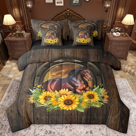 Homewish Retro Rustic Horseshoe 7-Piece Bedding Comforter Set,Farm Animal Horse King Bedding Sets,Country Floral Sunflower Bed Sheets For Kids,Microfiber Bedroom Decor Reversible