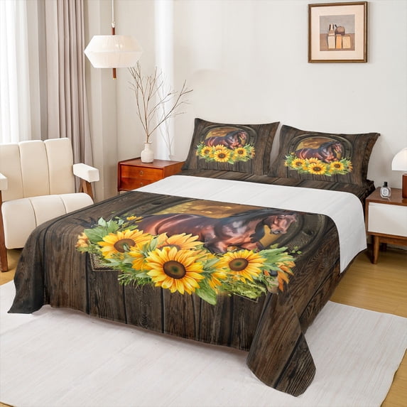 Homewish Retro Rustic Horseshoe Queen Sheet Sets,Farm Animal Horse Flat Sheet,Country Floral Sunflower Queen Fitted Sheet For Kids,Microfiber Bedroom Decor,4pcs