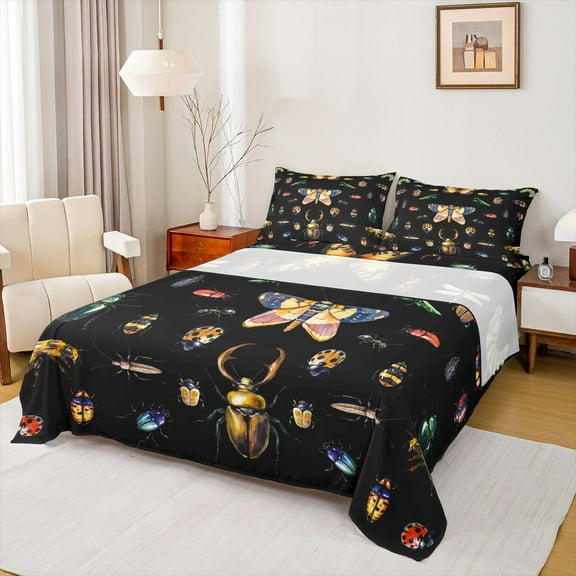 Homewish Retro Rustic Moth Bed Sheets,Wild Bee King Sheets,Black Brown Sheet Set For Boys Kids,Ultra Soft Home Decor,4 Pieces