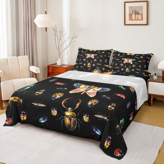 Homewish Retro Rustic Moth Full Size Sheets,Wild Bee Bed Sheets,Black Brown Sheet Sets For Boys Kids,Ultra Soft Home Decor,4pcs