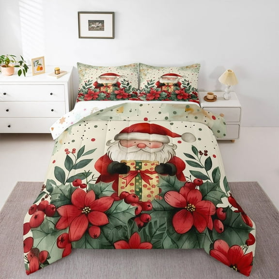 Homewish Retro Santa Claus Bedding Comforter Set,Red Xmas Berry Twin Comforter Sets,Green Christmas Flower Bedding Set For Girl Boy,Breathable Home Decor Reversible,2 Pieces
