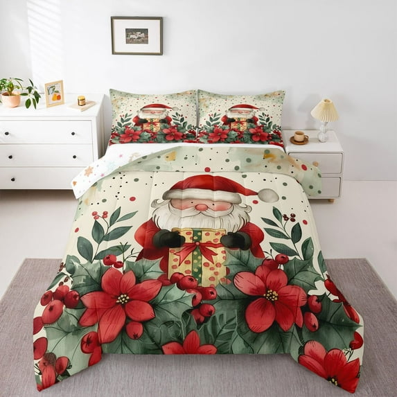 Homewish Retro Santa Claus Bedding Comforter Set,Red Xmas Berry Twin Comforter Sets,Green Christmas Flower Bedding Set For Girl Boy,Breathable Home Decor Reversible,2 Pieces