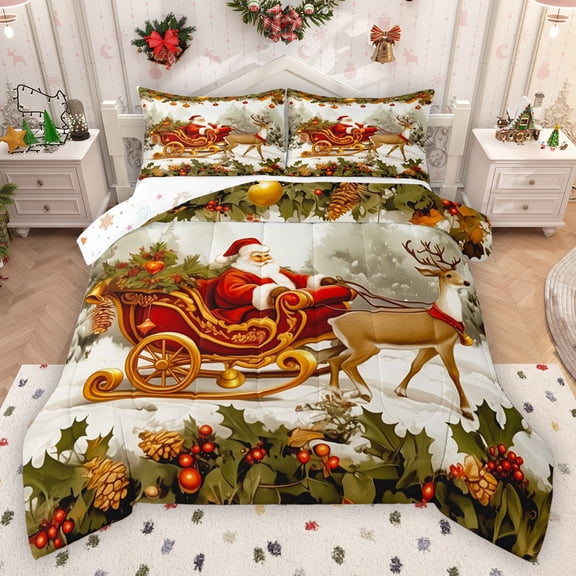 Homewish Retro Santa Claus Queen Comforter Set,Wild Christmas Reindeer Bedding Sets,Red Berry Xmas Flower Bedding Comforter Set For Kids,Ultra Soft Home Decor Reversible,3-Piece