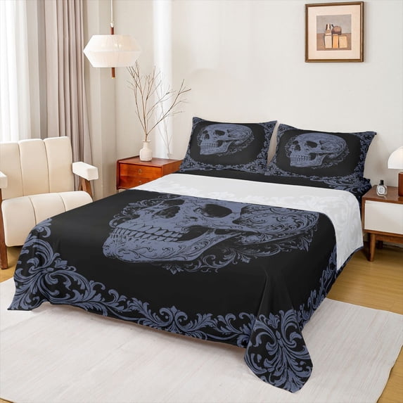 Homewish Retro Skeleton Skull Queen Sheets for Teens, Slate Blue Baroque Floral Queen Sheet Sets, 4 Pieces, 1 Flat Sheet, 1 Fitted Sheet and 2 Pillowcases
