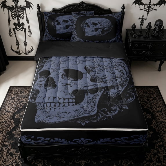 Homewish Retro Skeleton Skull Zipper Twin Comforter Sets with Fitted Sheet and 2 Pillowcases for Teens, Slate Blue Baroque Floral Zipper Bedding Set, Black Reversible, 4 Pieces
