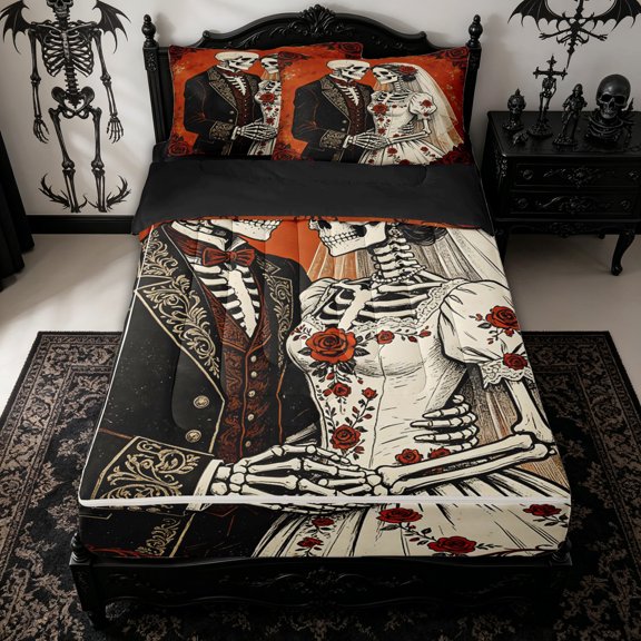 Homewish Retro Skeleton Wedding Couple Zipper Twin Comforter Sets with Fitted Sheet and 2 Pillowcases for Kids, Orange Gothic Rose Victorian Zipper Bedding Set, Black Reversible, 4-Piece