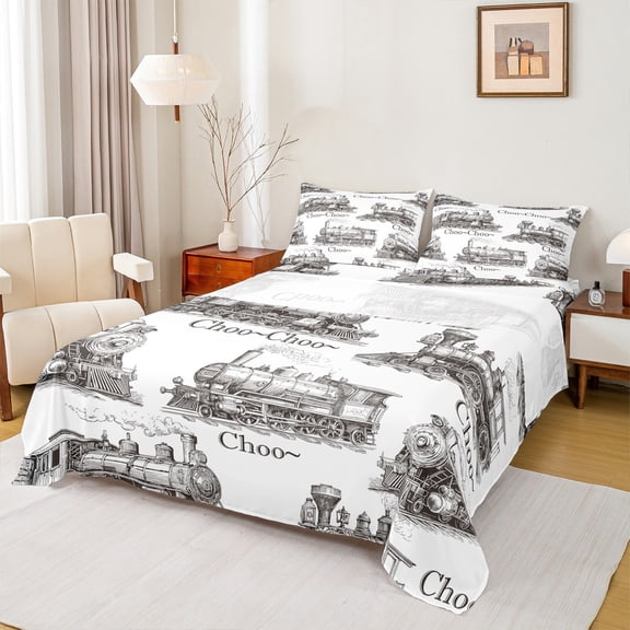 Homewish Retro Steam Engine Bed Sheets,Western Train Transportation King Sheets,White Gray Sheet Set For Boys,Breathable Home Decor,4 Pieces