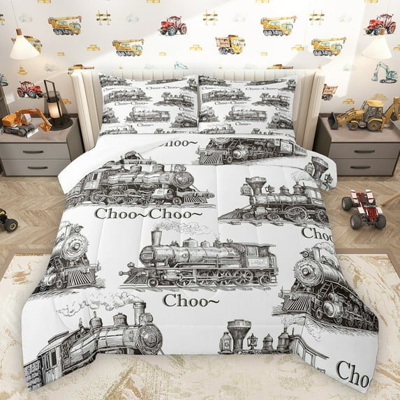 Homewish Retro Steam Engine Bedding Comforter Set,Western Train Transportation Twin Comforter Sets,White Gray Bedding Set For Boys,Breathable Home Decor,2 Pieces