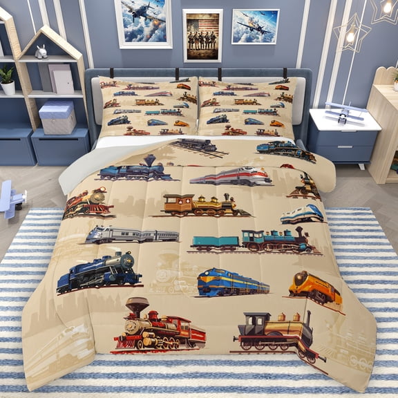 Homewish Retro Steam Train Bedding Comforter Set,Vehicle Train Twin Comforter Sets,Railway Truck Bedding Set For Boys,Microfiber Bedroom Decor Reversible,2-Piece