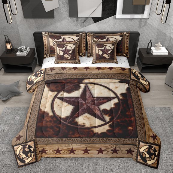 Homewish Retro Texas Stars 7pcs Bedding Comforter Set,Rustic Farmhouse Cowhide Queen Bedding Sets,Brown Beige Queen Sheet Sets For Boys Kids,Breathable Home Decor