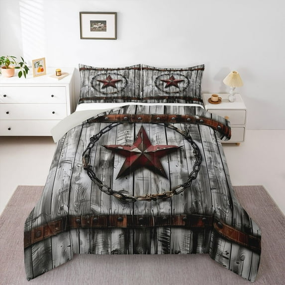 Homewish Retro Texas Stars Queen Comforter Set, Countryside Lake House Bedding Sets, Teens Adult Men Reversible Bedding Comforter Set, Lightweight Room Decor, 3 Pieces