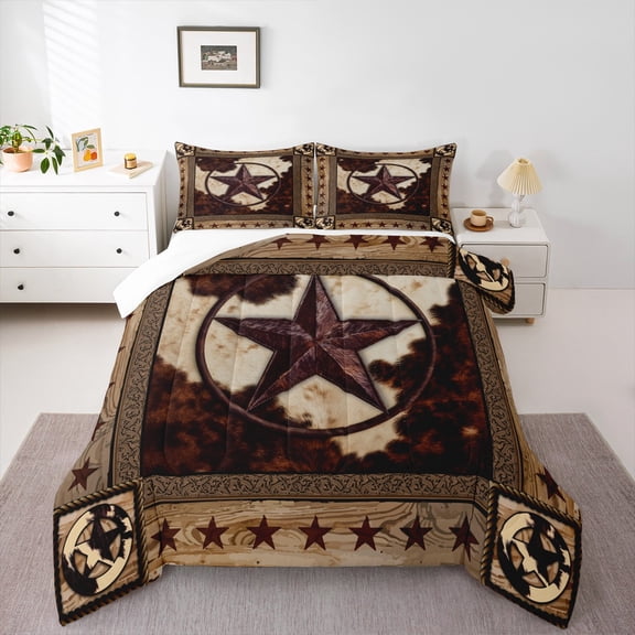 Homewish Retro Texas Stars Queen Comforter Set,Rustic Farmhouse Cowhide Bedding Sets,Brown Beige Bedding Comforter Set For Boys Kids,Breathable Home Decor,3pcs
