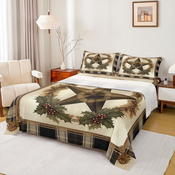 Homewish Retro Texas Stars Queen Sheet Sets for Teen, Western Fashion Flat Sheet, Southwestern Plaid Queen Fitted Sheet, Super Cozy Room Decor, 4pcs