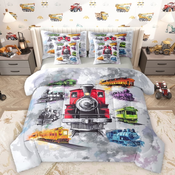 Homewish Retro Train 7-Piece Twin Bedding Sets,Retro Steam Engine Bedding Comforter Set,Watercolor Splashing Ink Sheet Sets For Boys Teens,Microfiber Bedroom Decor Reversible