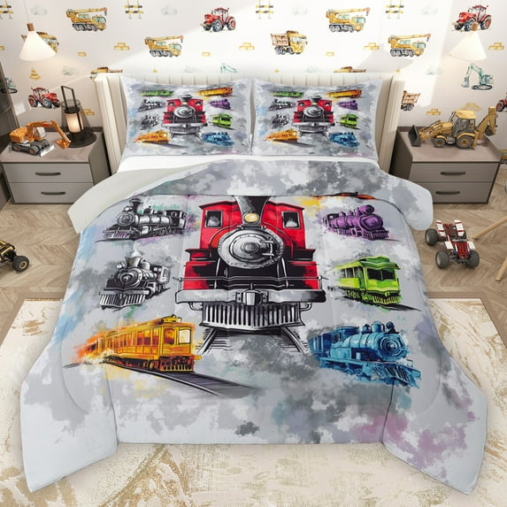 Homewish Retro Train Bedding Comforter Set,Retro Steam Engine Twin Comforter Sets,Watercolor Splashing Ink Bedding Set For Boys Teens,Microfiber Bedroom Decor Reversible,2-Piece