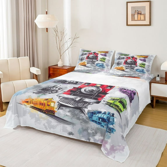 Homewish Retro Train Queen Sheet Sets,Retro Steam Engine Flat Sheet,Watercolor Splashing Ink Queen Fitted Sheet For Boys Teens,Microfiber Bedroom Decor,4pcs