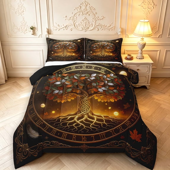Homewish Retro Tree Of Life Queen Comforter Set,Astrology Style Comforter Sets Queen,Gold Orange,Black Reversible,3-Piece,1 Comforter and 2 Pillowcases