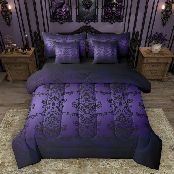 Homewish Retro Victorian Flower 7pcs Bedding Comforter Set,Vintage Damask Queen Bedding Sets,Purple Black Queen Sheet Sets For Men Women,,Lightweight Room Decorative Reversible
