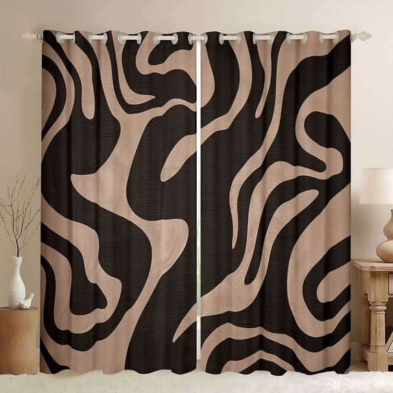 Homewish Retro Wavy Swirl Kitchen Curtains,Aesthetic Geometric Black Out Curtains Pack of 2 (42x63 Each),Brown