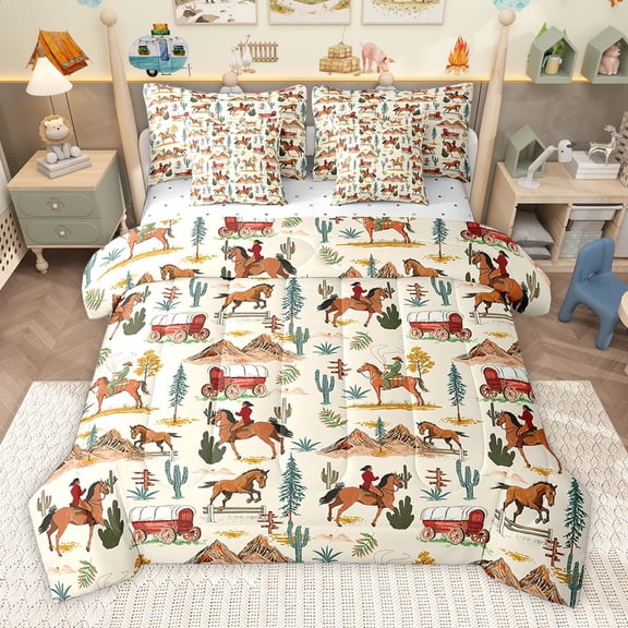 Homewish Retro Western Cowboy 7-Piece Bedding Comforter Set,Rustic Farmhouse Cabin King Bedding Sets,Tropical Desert Cactus Bed Sheets For Boys Teens,Microfiber Bedroom Decor Reversible