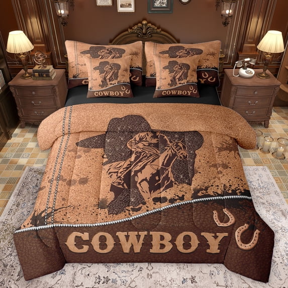 Homewish Retro Western Cowboy 7 Pieces Bedding Comforter Set,Rustic Horseshoe Full Bedding Set,Country Farmhouse Lodge Fitted Sheet Flat Sheet For Boys Teens,Microfiber Bedroom Decor Reversible