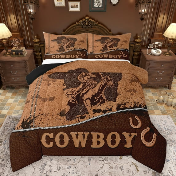 Homewish Retro Western Cowboy Bedding Comforter Set,Rustic Horseshoe Twin Comforter Sets,Country Farmhouse Lodge Bedding Set For Boys Teens,Microfiber Bedroom Decor Reversible,2-Piece
