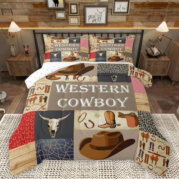 Homewish Retro Western Cowboy Full Size Comforter Sets,Vintage Bull Skull Bedding Comforter Set,Rustic Farmhouse Cabin Bedding Sets For Boys Teens,Microfiber Bedroom Decor Reversible,3 Pieces