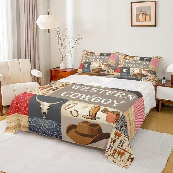 Homewish Retro Western Cowboy Twin Sheet Sets,Vintage Bull Skull Twin Fitted Sheet,Rustic Farmhouse Cabin Flat Sheet For Boys Teens,Microfiber Bedroom Decor,3-Piece