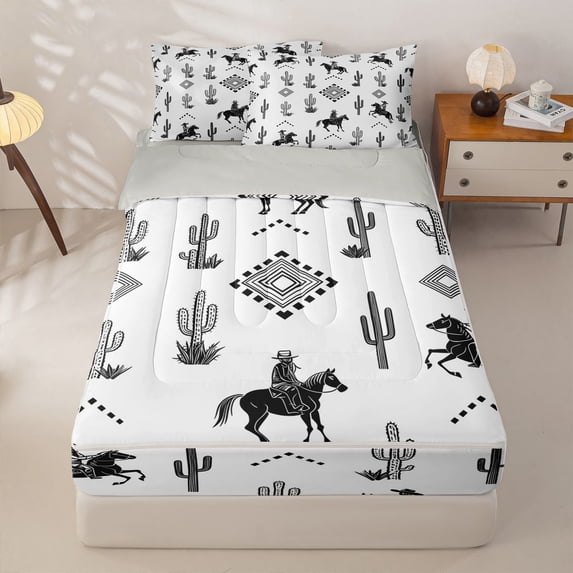 Homewish Retro Western Cowboy Zipper Queen Comforter Set with Fitted Sheet and 2 Pillowcases,Desert Cactus Zipper Bedding Set,White,Light Gray Reversible,4pcs