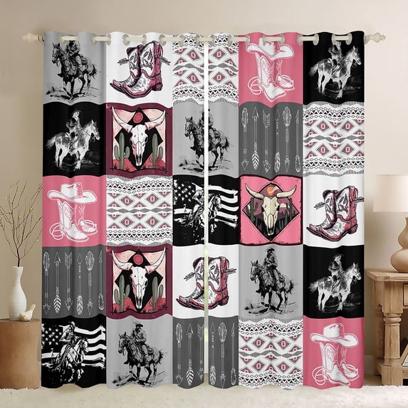 Homewish Retro Western Cowgirl Blackout Curtains Set of 2 (52x84 Each),Rustic Bull Skull Window Curtains,Vintage Bohemian Tribal Curtains and Drapes For Girls Kids,Microfiber Bedroom Decor