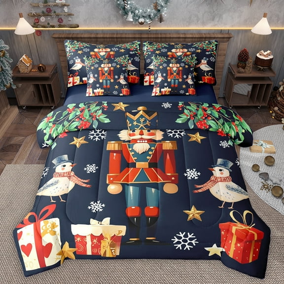 Homewish Retro Xmas Nutcraker 7-Piece Twin Bedding Sets,Funny Wild Bird Bedding Comforter Set,Chic Christmas Gifts Sheet Sets For Girls,Ultra Soft Home Decor Reversible