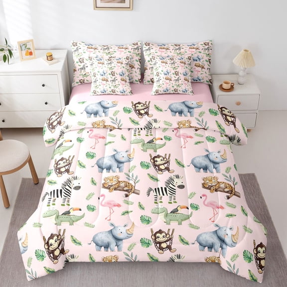 Homewish Rhinoceros Crocodile Zebra 7 Pieces Bedding Comforter Set For Preppy Children,Jungle Animal Full Bedding Set Lightweight,Cartoon Wildlife Fitted Sheet Flat Sheet,Super Cozy Room Decor