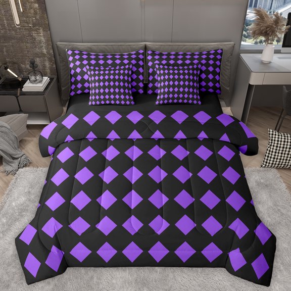 Homewish Rhombus 7 Pieces Bedding Comforter Set,Modern Geometric Full Bedding Set,Ypurple Black Fitted Sheet Flat Sheet For Boys Girl,Luxury Bedroom Decor Reversible