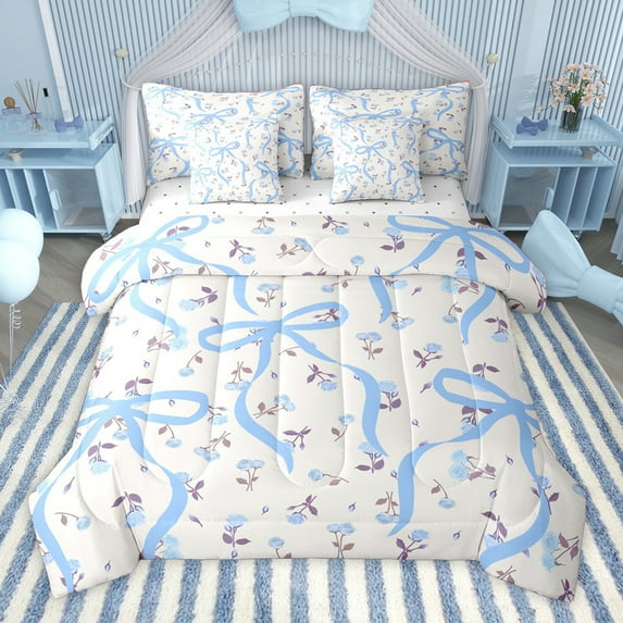 Homewish Ribbon Bow Bowtie 7-Piece Twin Bedding Sets,Rustic Rose Flower Bedding Comforter Set,Beige Blue Sheet Sets For Child,Ultra Soft Home Decor Reversible