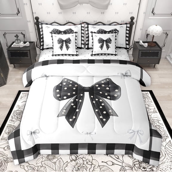 Homewish Ribbon Bow Bowtie 7 Pieces Bedding Comforter Set,Geometric Plaid Grid Full Bedding Set,White Black Fitted Sheet Flat Sheet For Child,Ultra Soft Home Decor Reversible