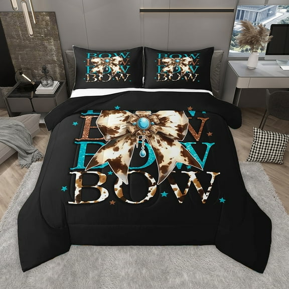 Homewish Ribbon Bow Bowtie Bedding Comforter Set,Rustic Cow Hide Twin Comforter Sets,Black Brown Bedding Set For Child,Ultra Soft Home Decor Reversible,2 Pieces