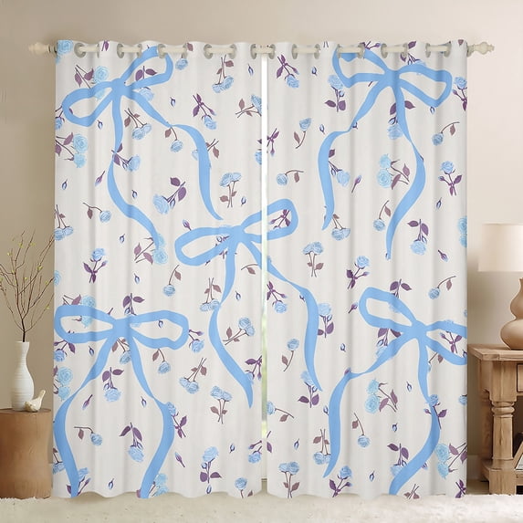 Homewish Ribbon Bow Bowtie Curtains Pack of 2 (42x84 Each),Rustic Rose Flower Curtains Blackout,Beige Blue Bedroom Curtains For Child,Ultra Soft Home Decor