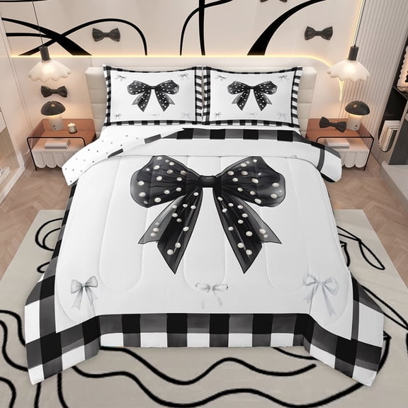 Homewish Ribbon Bow Bowtie Full Size Comforter Sets,Geometric Plaid Grid Bedding Comforter Set,White Black Bedding Sets For Child,Ultra Soft Home Decor Reversible,3 Pieces