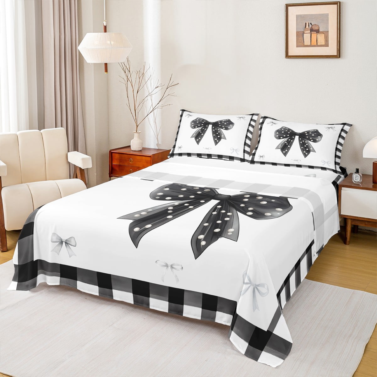 Homewish Ribbon Bow Bowtie Queen Sheet Sets,Geometric Plaid Grid Flat Sheet,White Black Queen Fitted Sheet For Child,Ultra Soft Home Decor,4pcs