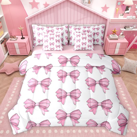 Homewish Ribbon Bow Knot 7-Piece Twin Bedding Sets,Cartoon Bowtie Bedding Comforter Set,Pink Bowknot Sheet Sets For Girl,Breathable Home Decor Reversible