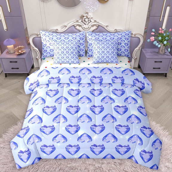 Homewish Ribbon Bow Knot 7-Piece Twin Bedding Sets,Cartoon Heart Diamond Bedding Comforter Set,Blue Bow Ribbon Sheet Sets For Teens,Luxury Bedroom Decor Reversible