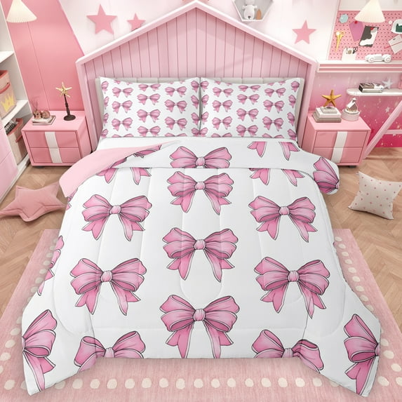 Homewish Ribbon Bow Knot Bedding Comforter Set,Cartoon Bowtie Twin Comforter Sets,Pink Bowknot Bedding Set For Girl,Breathable Home Decor Reversible,2 Pieces