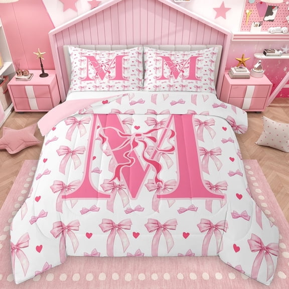 Homewish Ribbon Bow Knot Bedding Comforter Set,Pink White Twin Comforter Sets,First Letter M Bedding Set For Girls,Super Cozy Room Decor Reversible,2 Pieces
