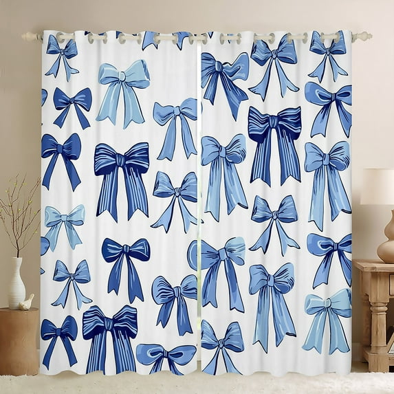 Homewish Ribbon Bow Knot Blackout Curtains Set of 2 (52x84 Each),Cartoon Bowtie Window Curtains,White Blue Curtains and Drapes For Girl,Breathable Home Decor