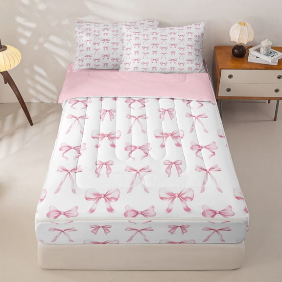 Homewish Ribbon Bow Knot Zipper Twin Comforter Sets with Fitted Sheet and 2 Pillowcases,Light Pink Cute Bowtie Zipper Bedding Set For Bowknot Lovers,Reversible,4 Pieces
