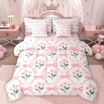 Homewish Ribbon Bow Tie 7-Piece Twin Bedding Sets,Cartoon Flower Floral Bedding Comforter Set,Pink Green Sheet Sets For Teens,Luxury Bedroom Decor Reversible