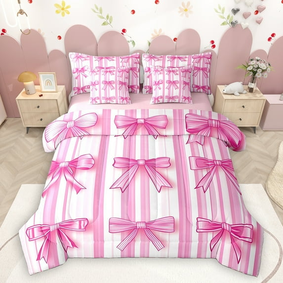 Homewish Ribbon Bow Tie 7-Piece Twin Bedding Sets,Girls Kawaii Bowknot Bedding Comforter Set,Hotpink White Sheet Sets For Kids,Breathable Home Decor Reversible