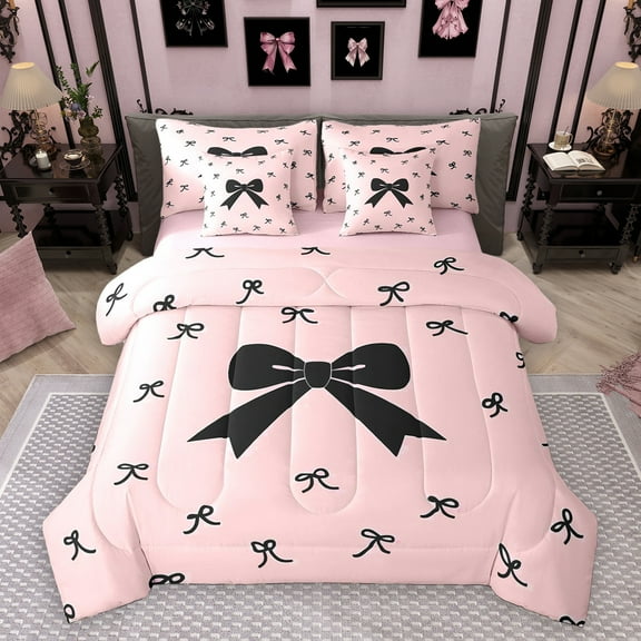 Homewish Ribbon Bow Tie 7-Piece Twin Bedding Sets,Girls Kawaii Bowknot Bedding Comforter Set,Pink Black Sheet Sets For Kids,Breathable Home Decor Reversible