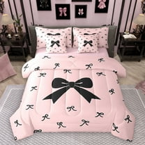Homewish Ribbon Bow Tie 7-Piece Twin Bedding Sets,Girls Kawaii Bowknot Bedding Comforter Set,Pink Black Sheet Sets For Kids,Breathable Home Decor Reversible