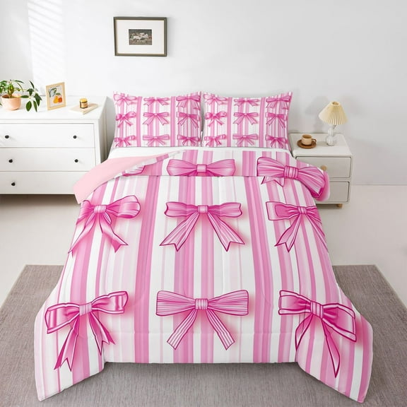 Homewish Ribbon Bow Tie Bedding Comforter Set,Girls Kawaii Bowknot Twin Comforter Sets,Hotpink White Bedding Set For Kids,Breathable Home Decor Reversible,2pcs